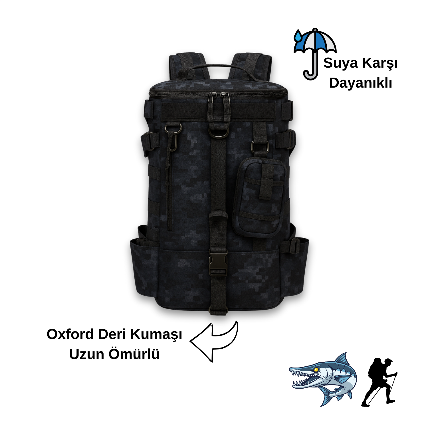 Dağcı Avcı Çantası Su İticili Çok Gözlü Outdoor Sırt Çantası Siyah Kamuflaj
