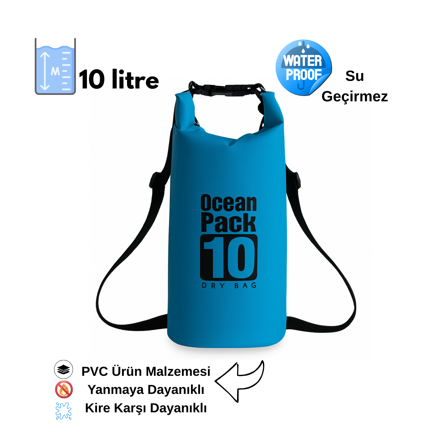 Su Geçirmez 10 LT Su Sporları Çantası Kilitli Çanta Ocean Mavi
